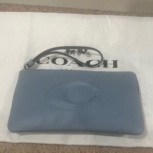 Coach Light Blue Wristlet with Embossed Logo